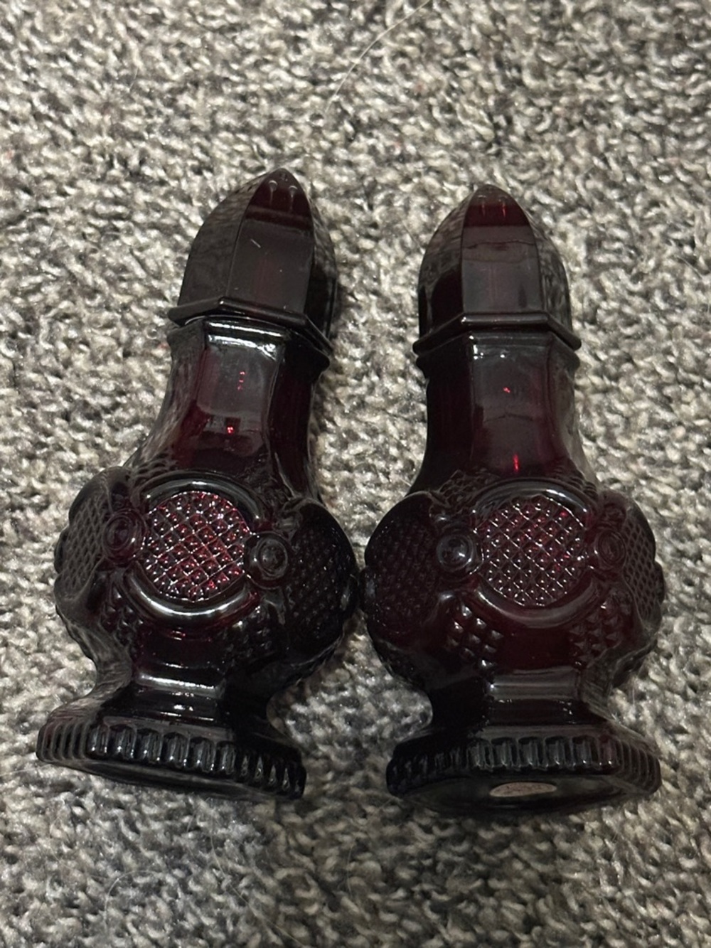 Avon Ruby Red Pressed Glass Salt and Pepper Shakers - Pair